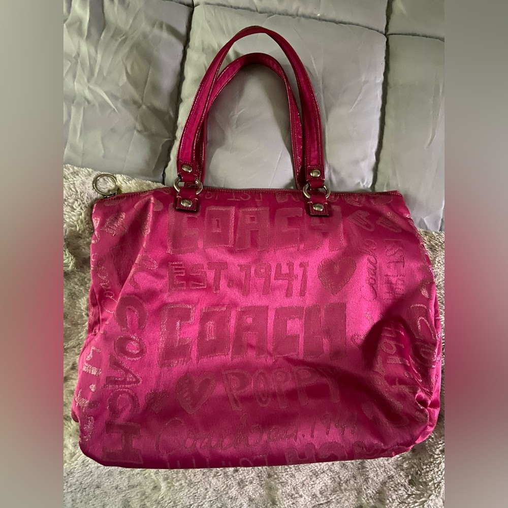 Coach Poppy bright pink handbag purse tote bag size medium large neon color pink - Picture 7 of 16